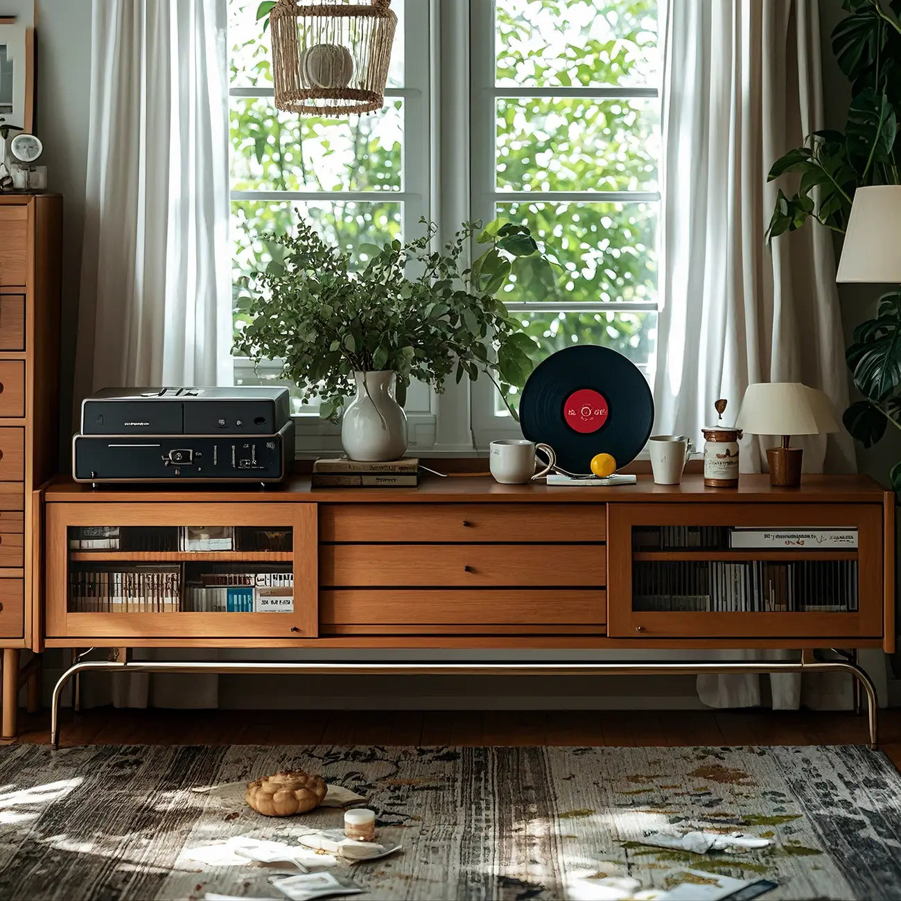 Nordic Brown Wood TV Stand with Metal Legs for Living Room