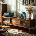 Nordic Brown Wood TV Stand with Metal Legs for Living Room