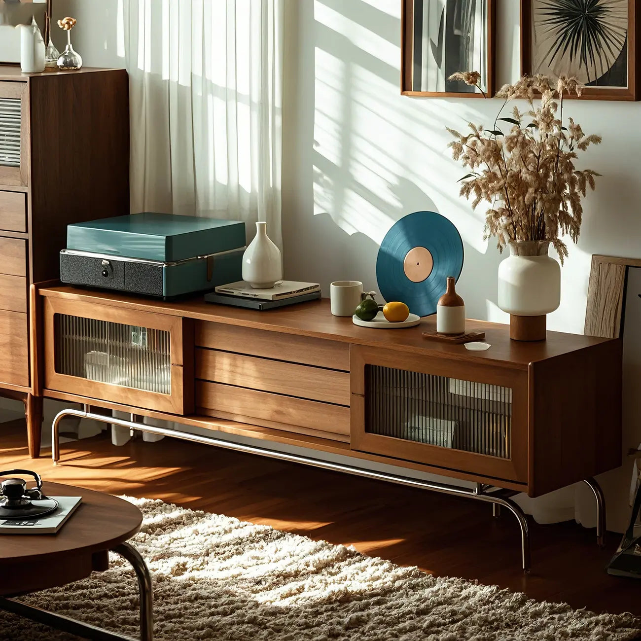 Nordic Brown Wood TV Stand with Metal Legs for Living Room