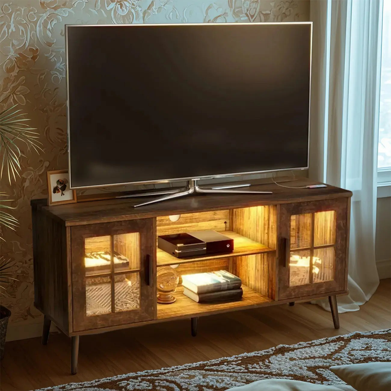 Rectangle Beige Wood Open Storage TV Stand with LED Lights