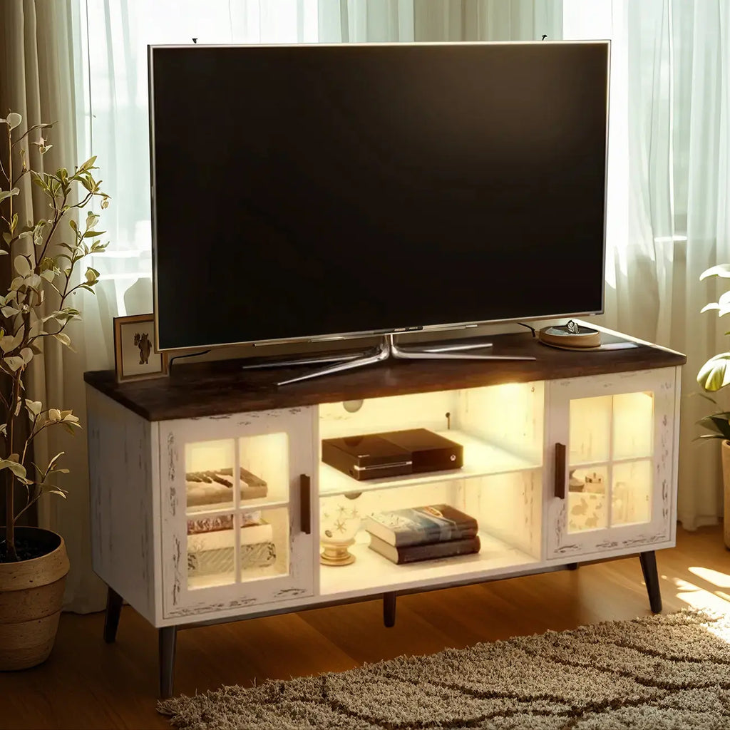 Rectangle Beige Wood Open Storage TV Stand with LED Lights