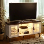 Rectangle Beige Wood Open Storage TV Stand with LED Lights