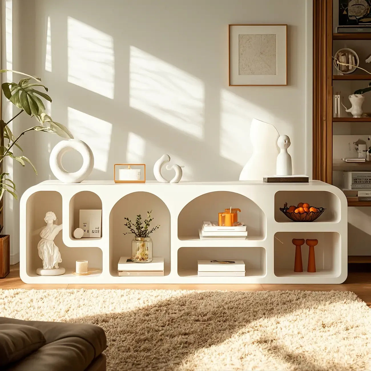 79 Minimalist White Rectangle Wood Open Storage TV Stand