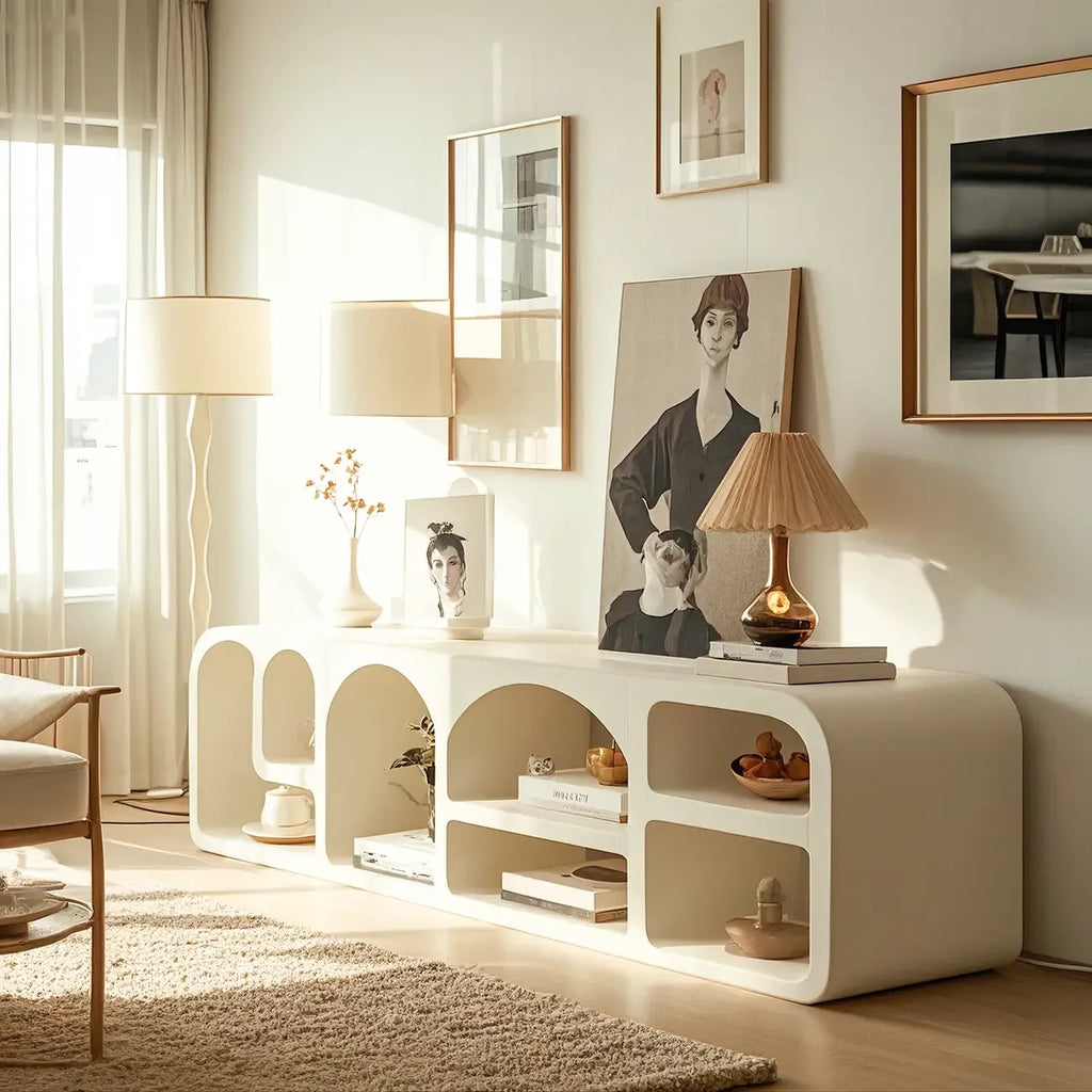 79 Minimalist White Rectangle Wood Open Storage TV Stand