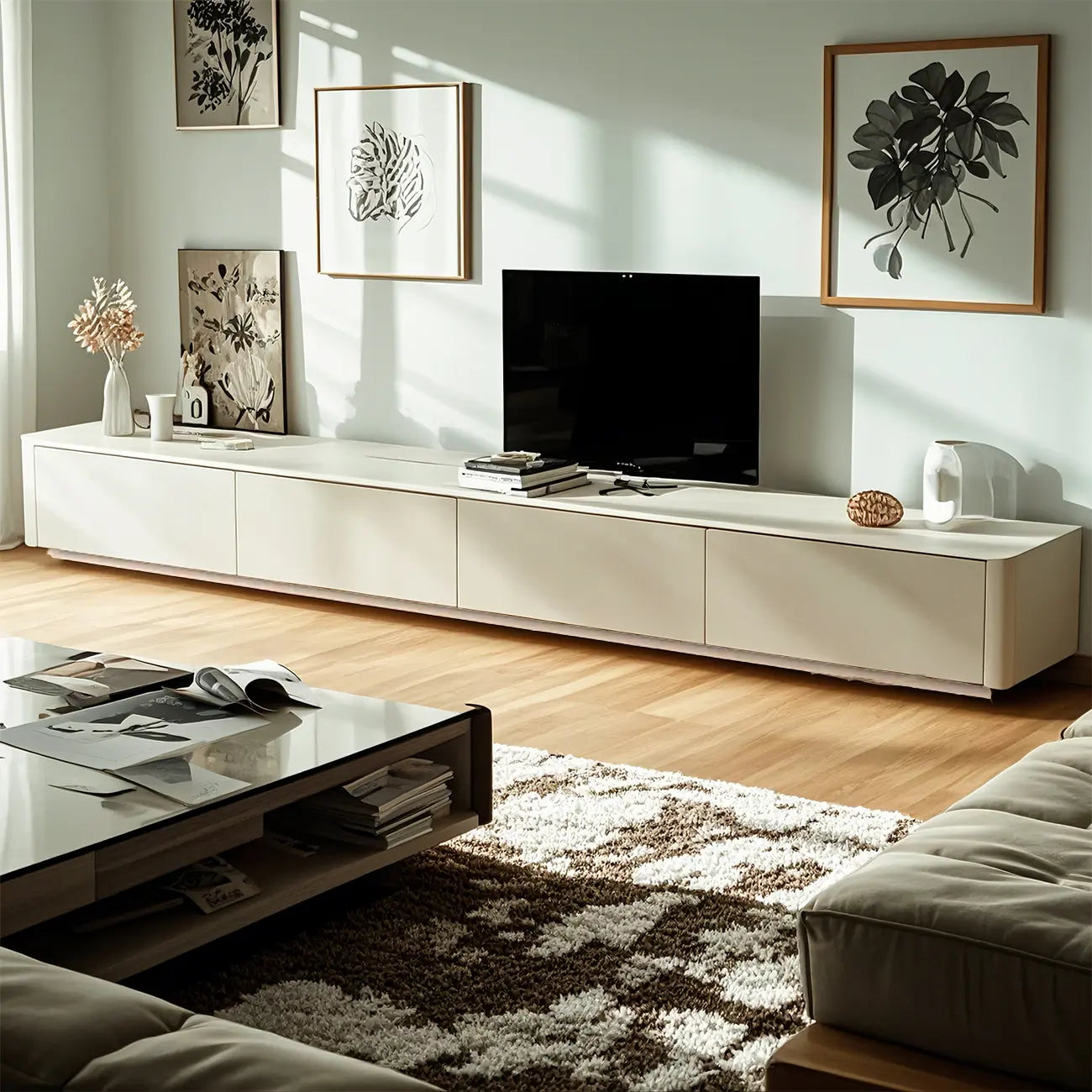 Minimalist White Wooden TV Stand with Cable Management