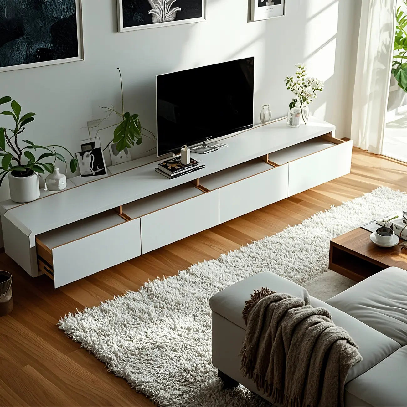 Minimalist White Wooden TV Stand with Cable Management