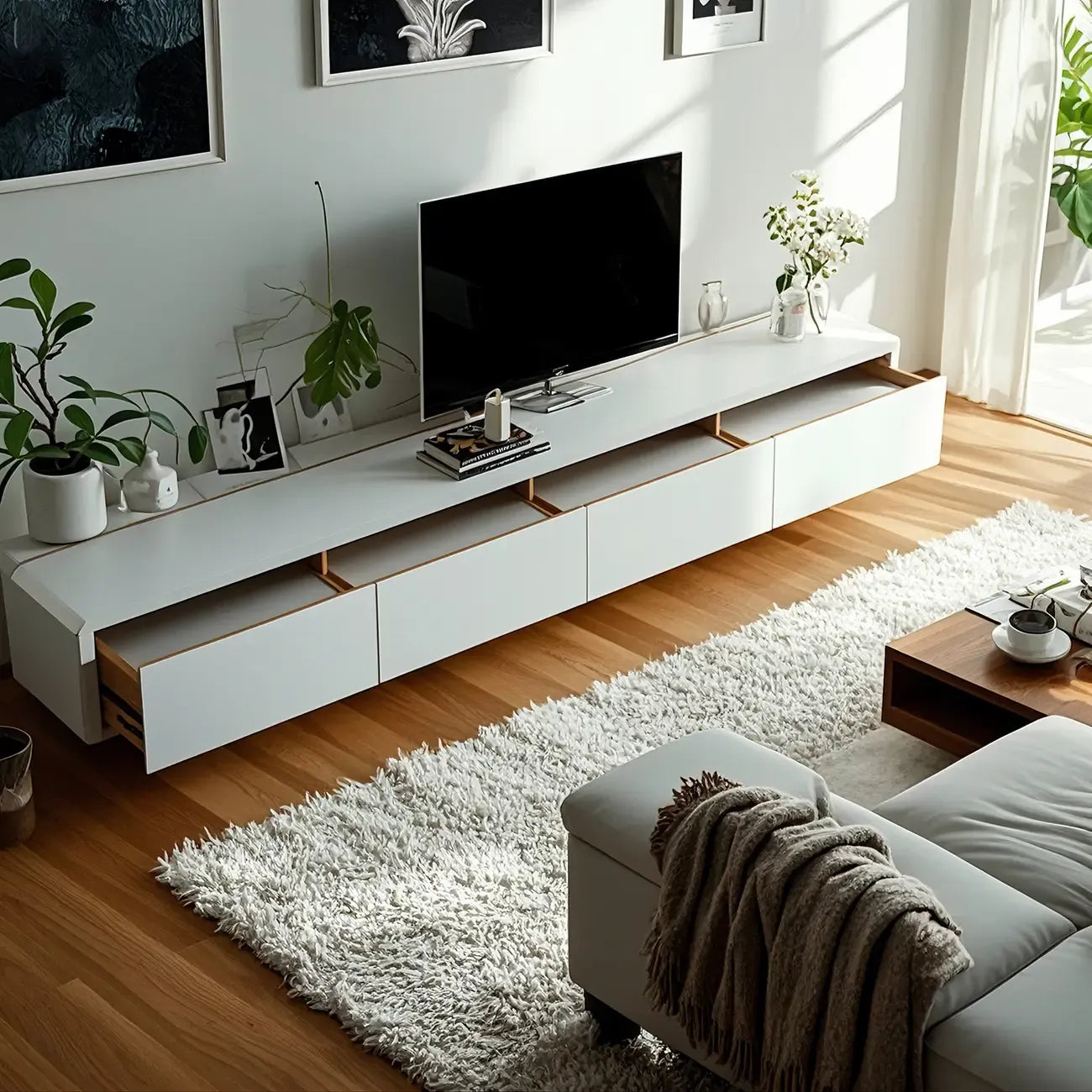 Minimalist White Wooden TV Stand with Cable Management