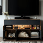 63 Black Wood Cabinet TV Stand with Open Shelving and Lights