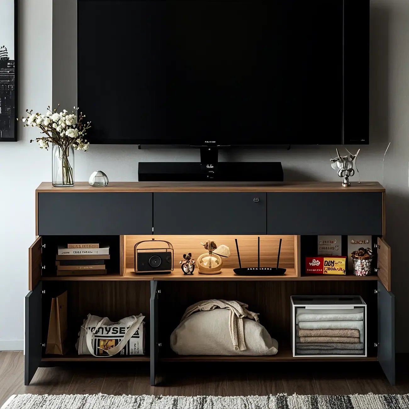 63 Black Wood Cabinet TV Stand with Open Shelving and Lights