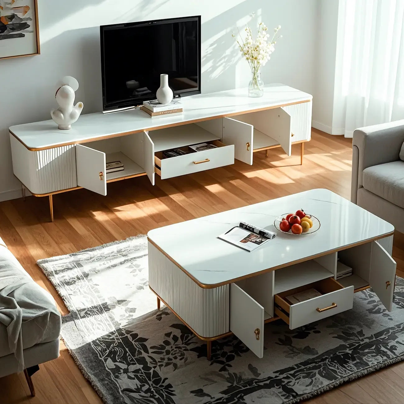 Glam Glossy White Stone TV Stand with Cable Management