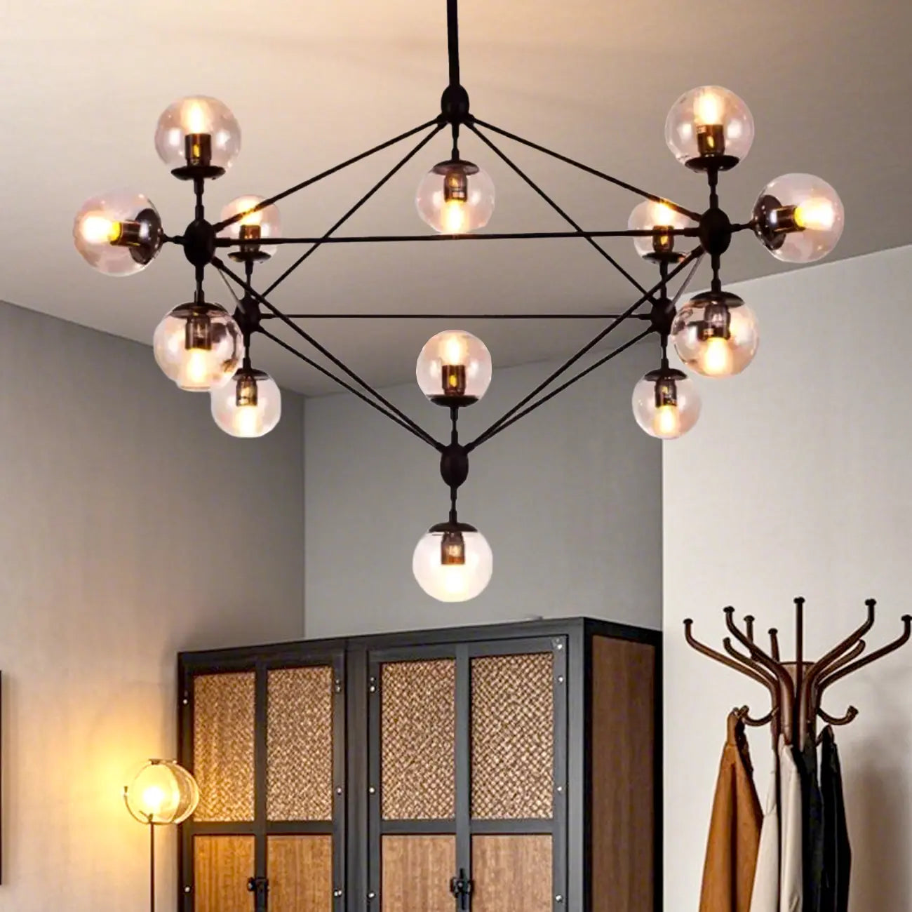 Industrial Black Globe Chandelier with Cognac Glass Shades