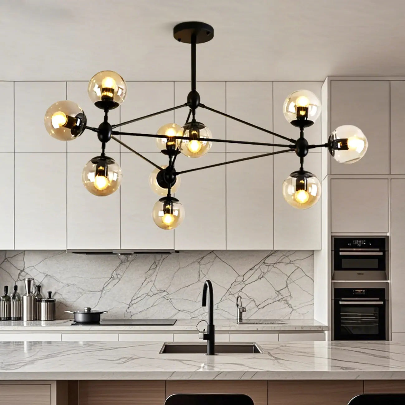 Industrial Black Globe Chandelier with Cognac Glass Shades