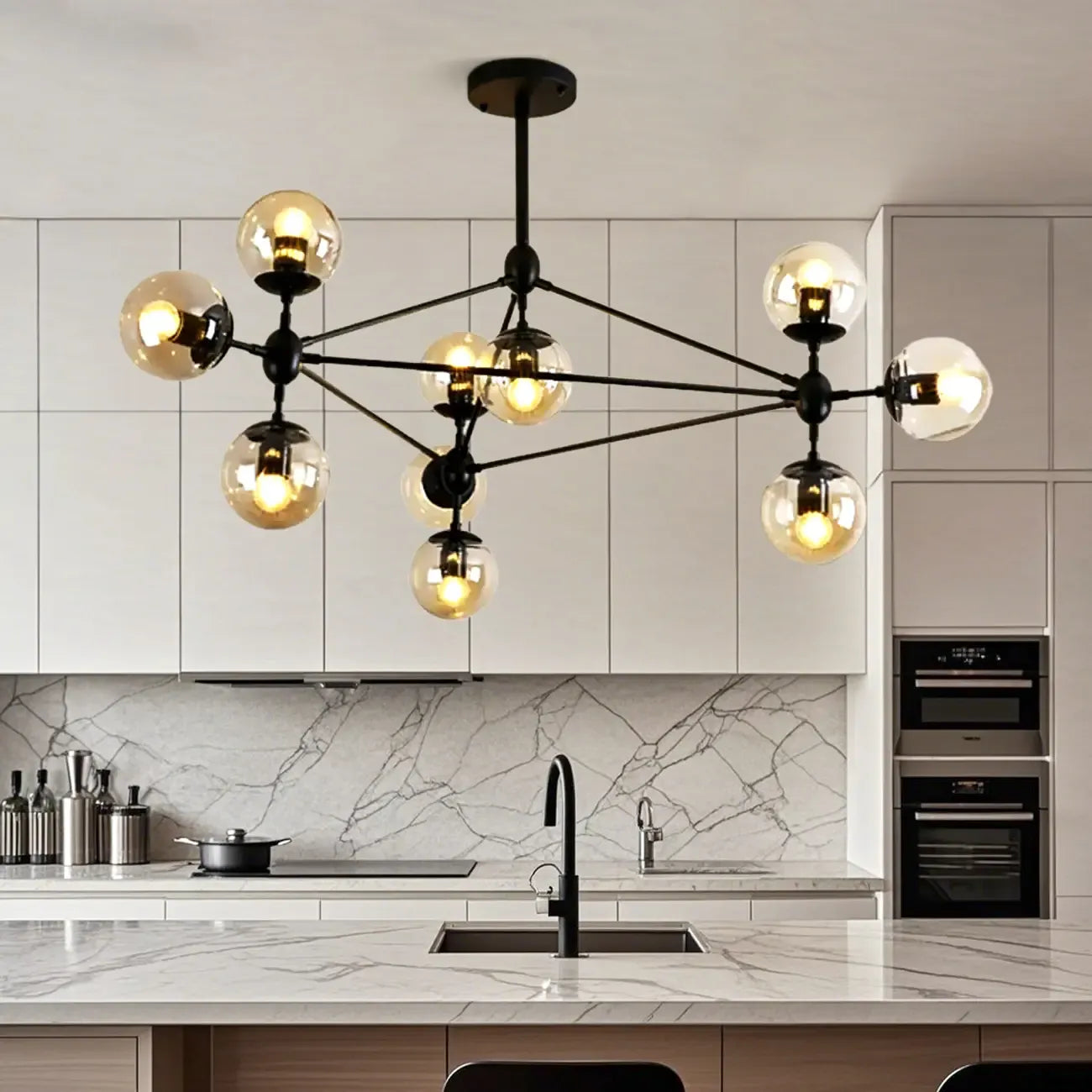 Industrial Black Globe Chandelier with Cognac Glass Shades