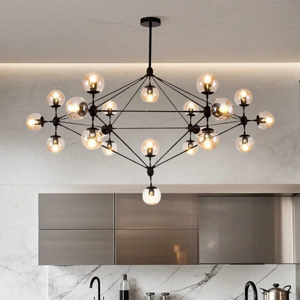 Industrial Black Globe Chandelier with Cognac Glass Shades