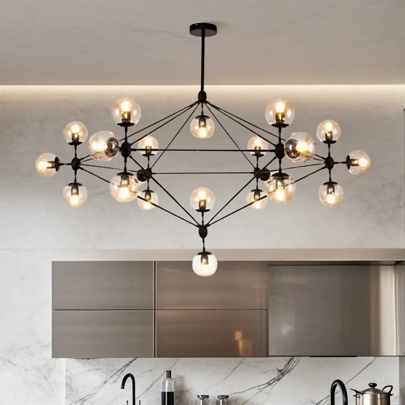 Industrial Black Globe Chandelier with Cognac Glass Shades