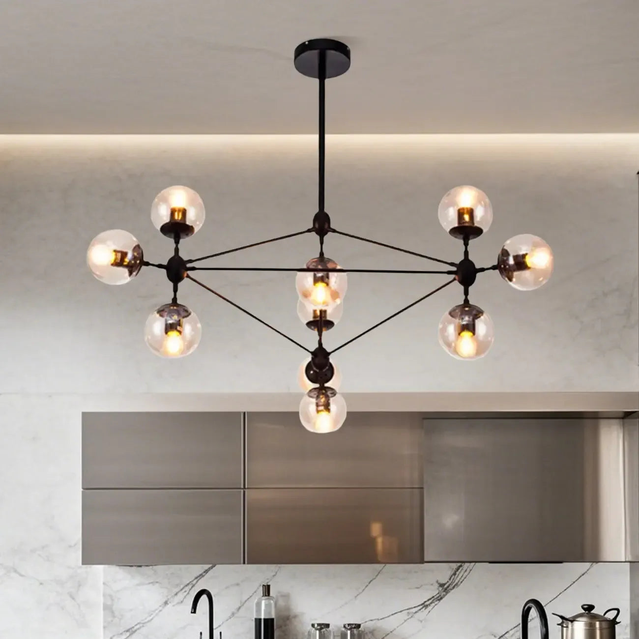 Industrial Black Globe Chandelier with Cognac Glass Shades