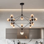 Industrial Black Globe Chandelier with Cognac Glass Shades