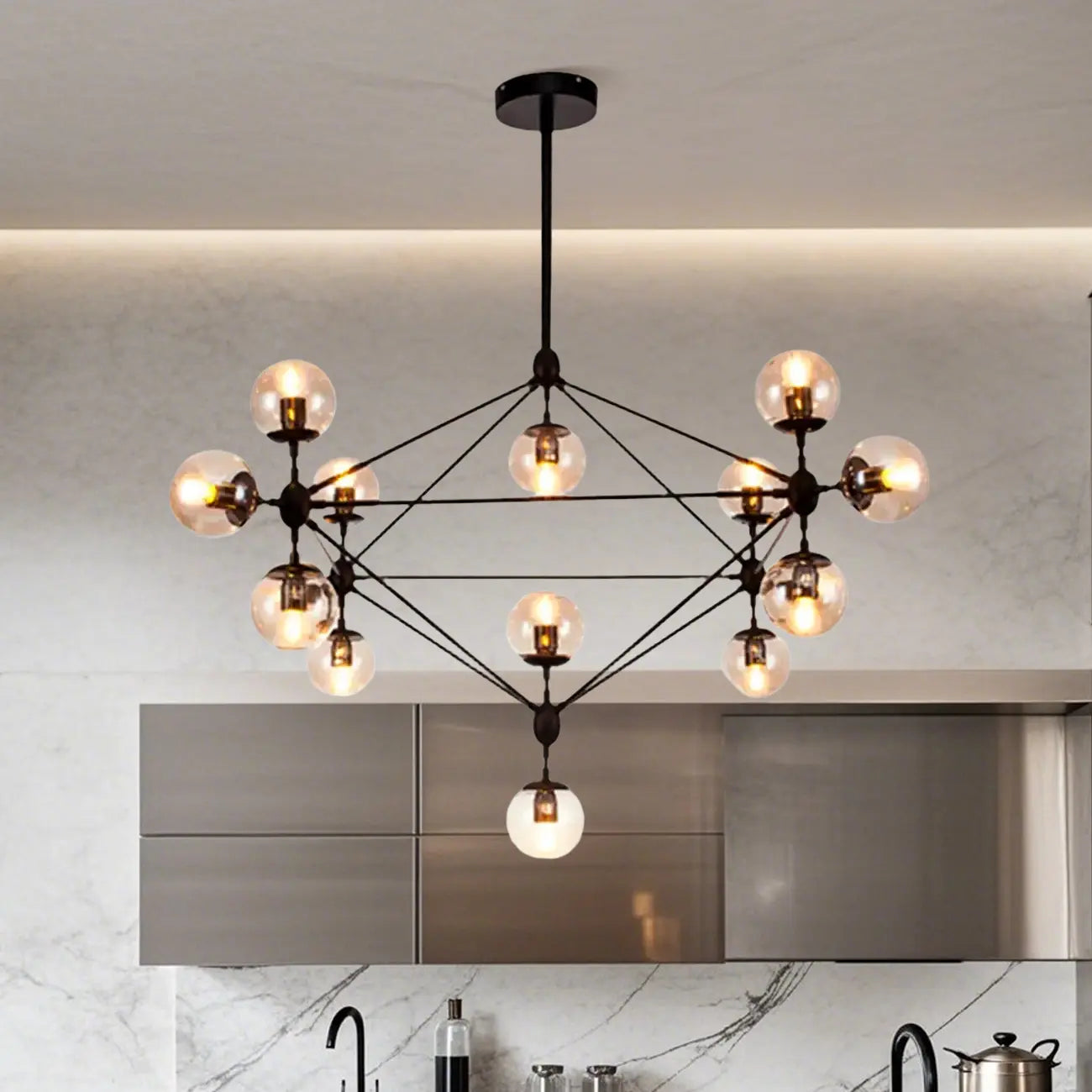 Industrial Black Globe Chandelier with Cognac Glass Shades