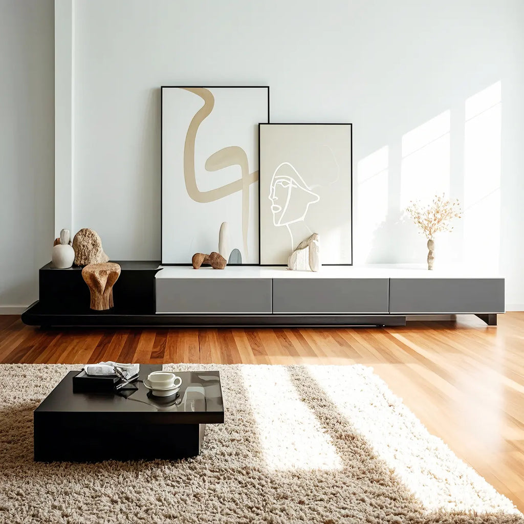 142L Grey Wood Long Open Shelf TV Stand with Storage Drawers