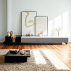 142L Grey Wood Long Open Shelf TV Stand with Storage Drawers