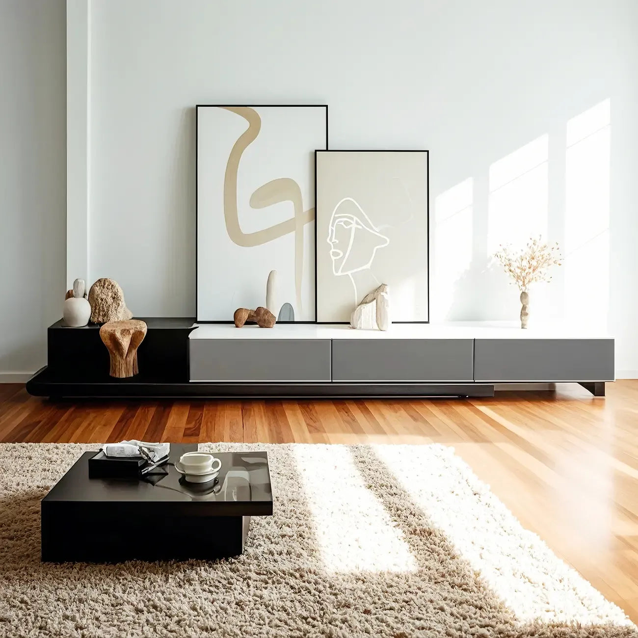 142L Grey Wood Long Open Shelf TV Stand with Storage Drawers