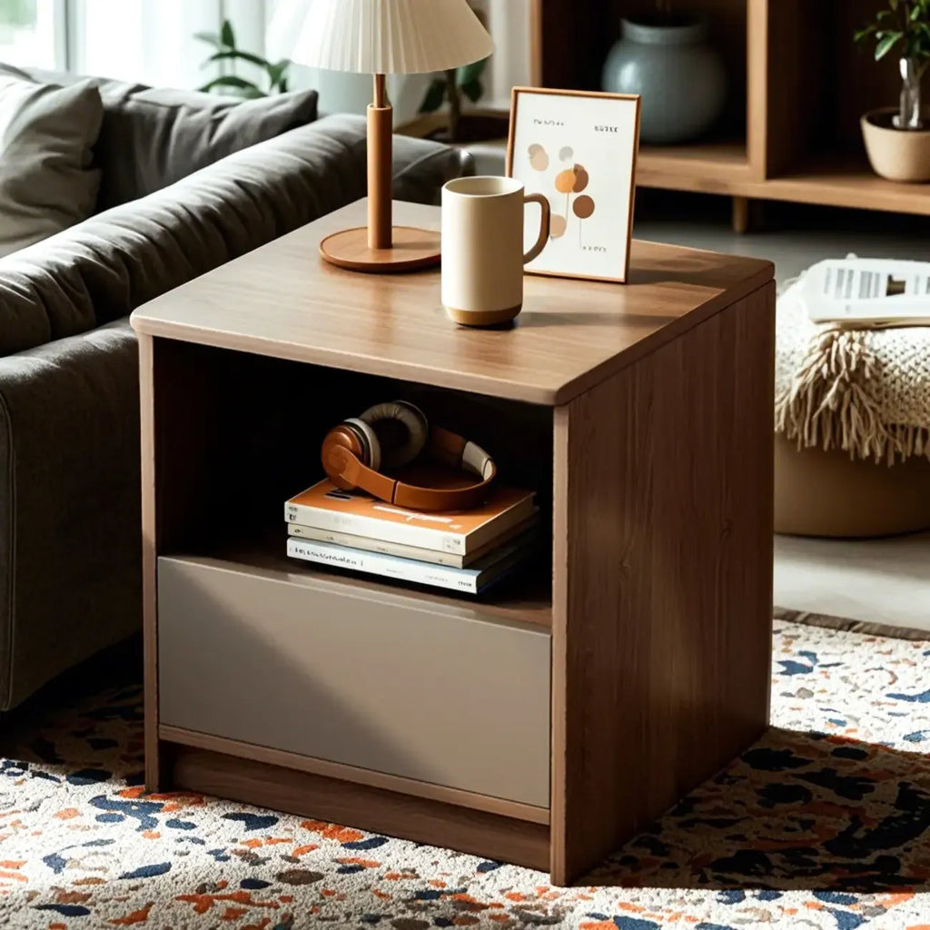Wooden Square Bedside Storage Table with Up/Dowm Drawer
