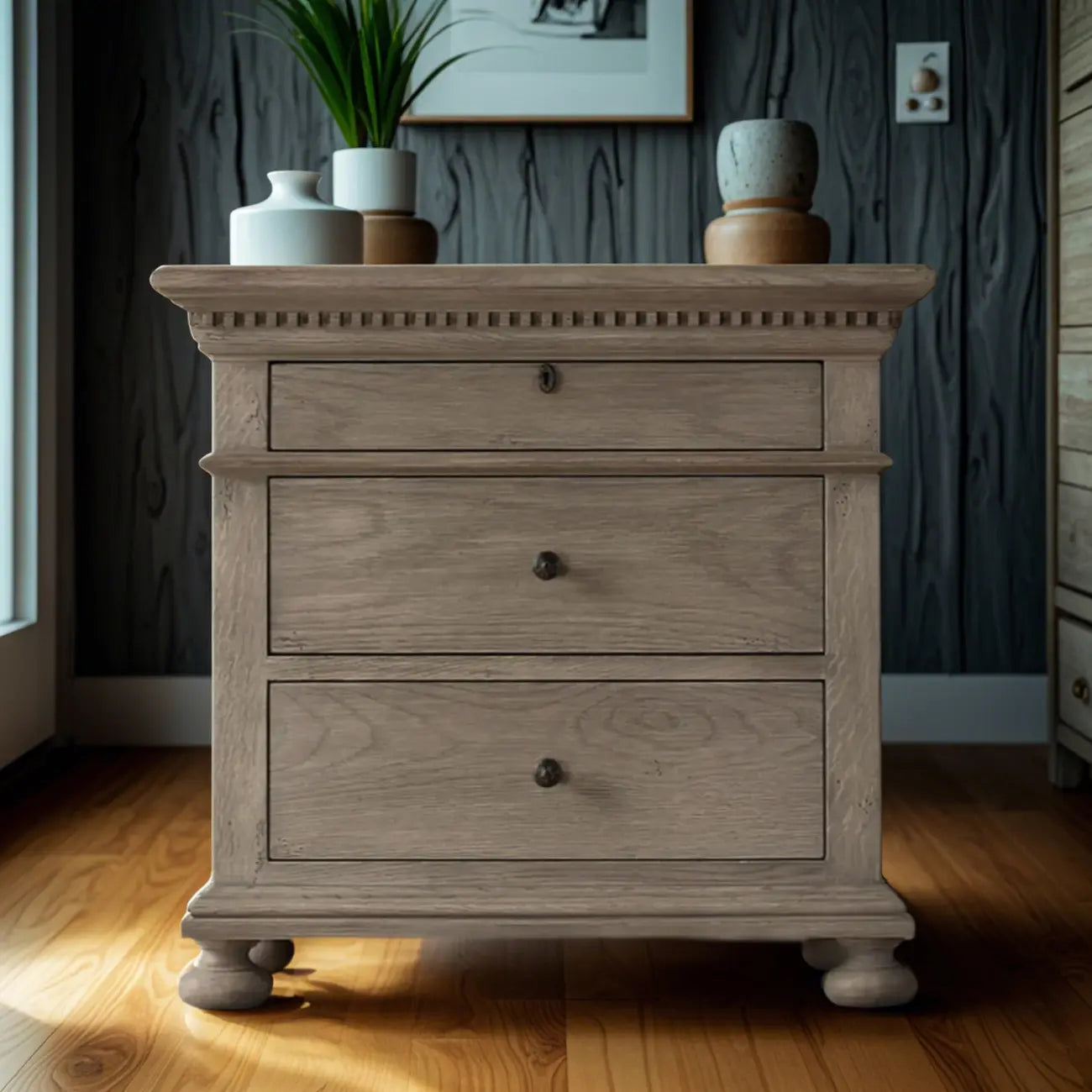 Traditional Grey Wooden Bedside Table with 3 Drawers Storage