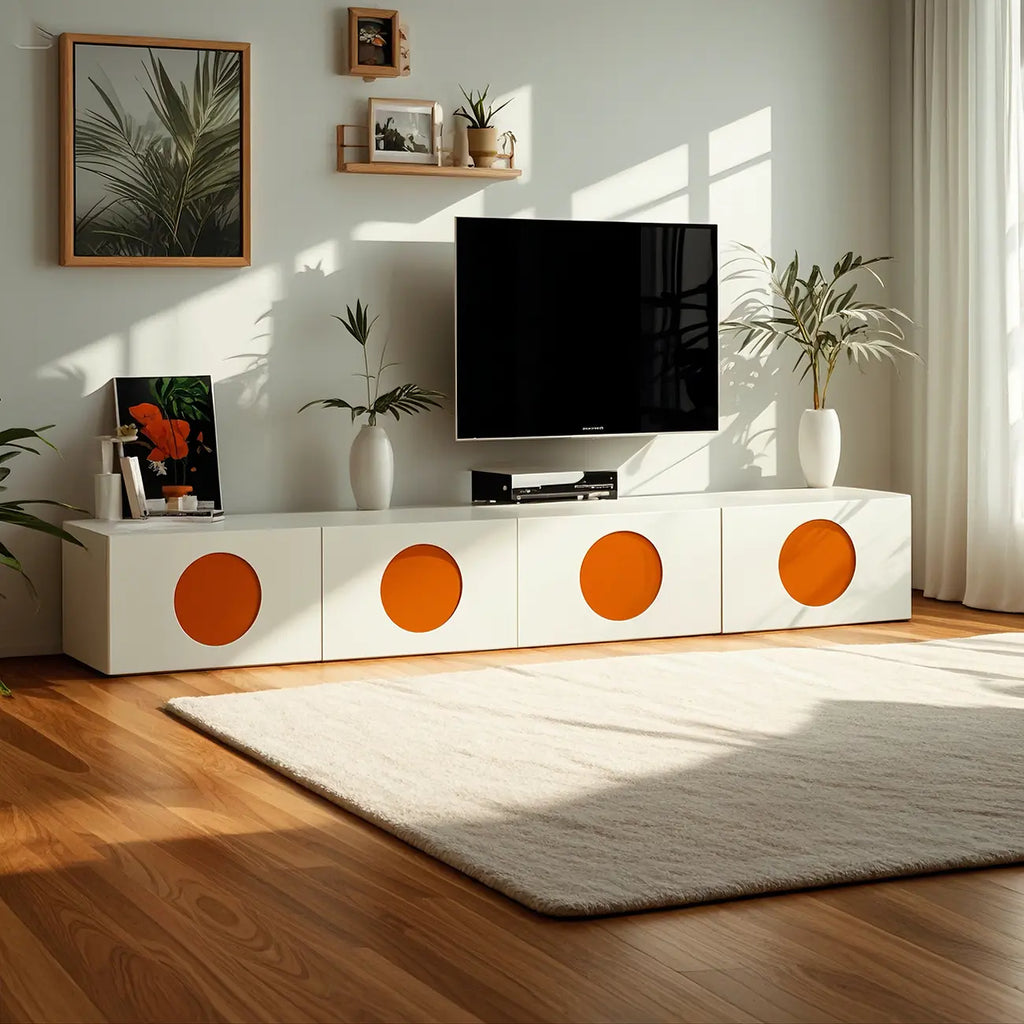 Minimalist Wood 4-Cabinet White TV Stand for Living Room