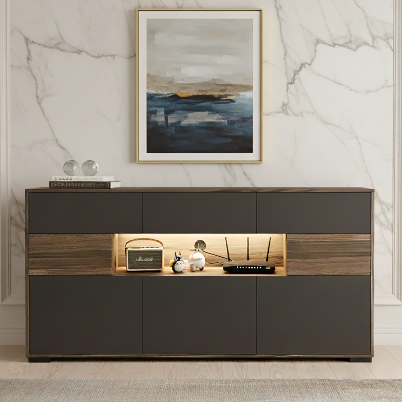 63 Black Wood Cabinet TV Stand with Open Shelving and Lights