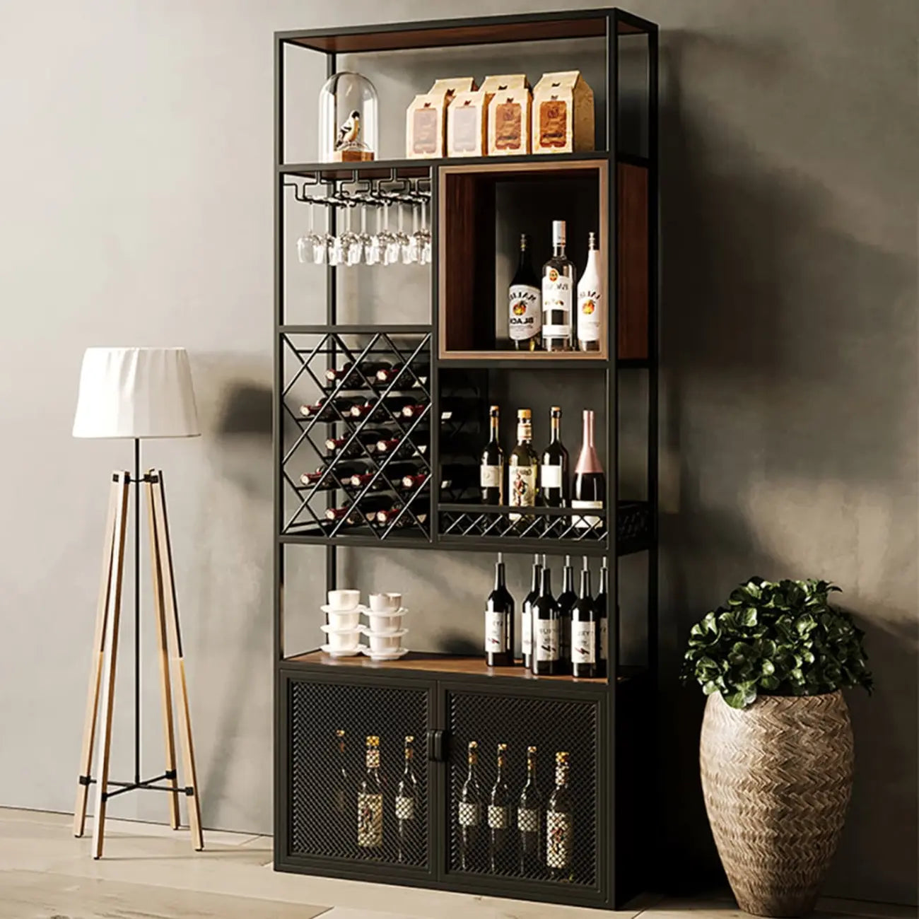 Freestanding Industrial Metal Eco-Board Floor Wine Rack Cabinet