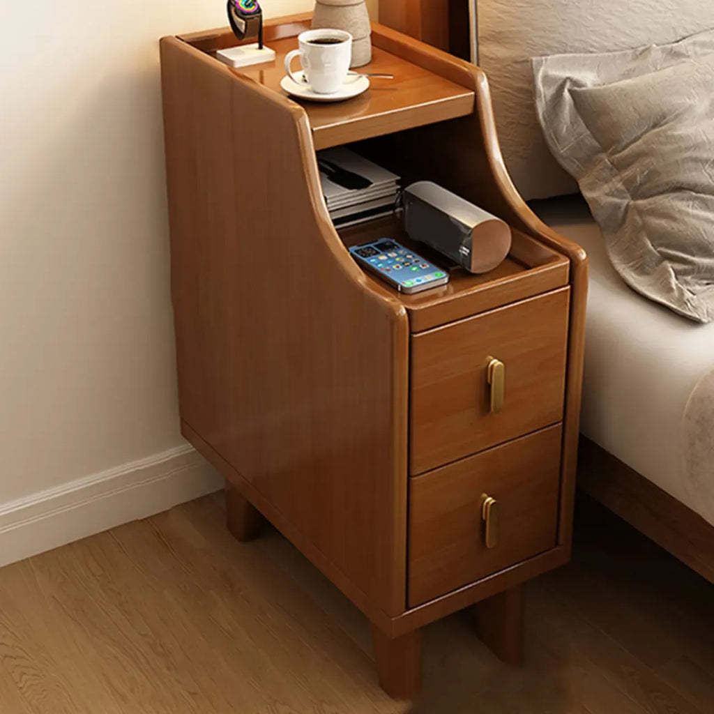 Narrow Small Walnut Wood Nightstand with Shelves