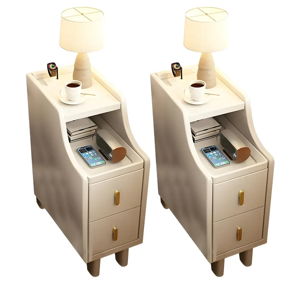 Narrow Small Walnut Wood Nightstand with Shelves