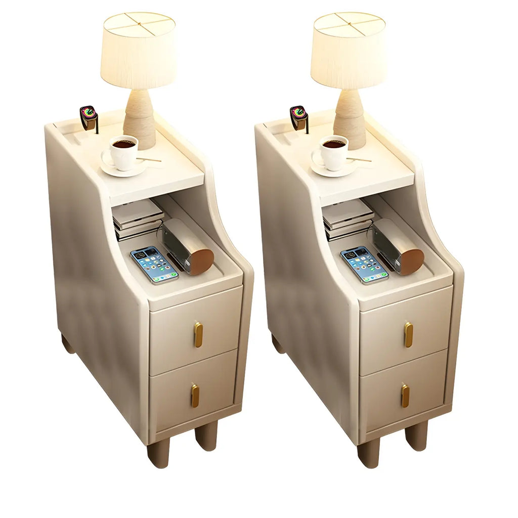 Narrow Small Walnut Wood Nightstand with Shelves