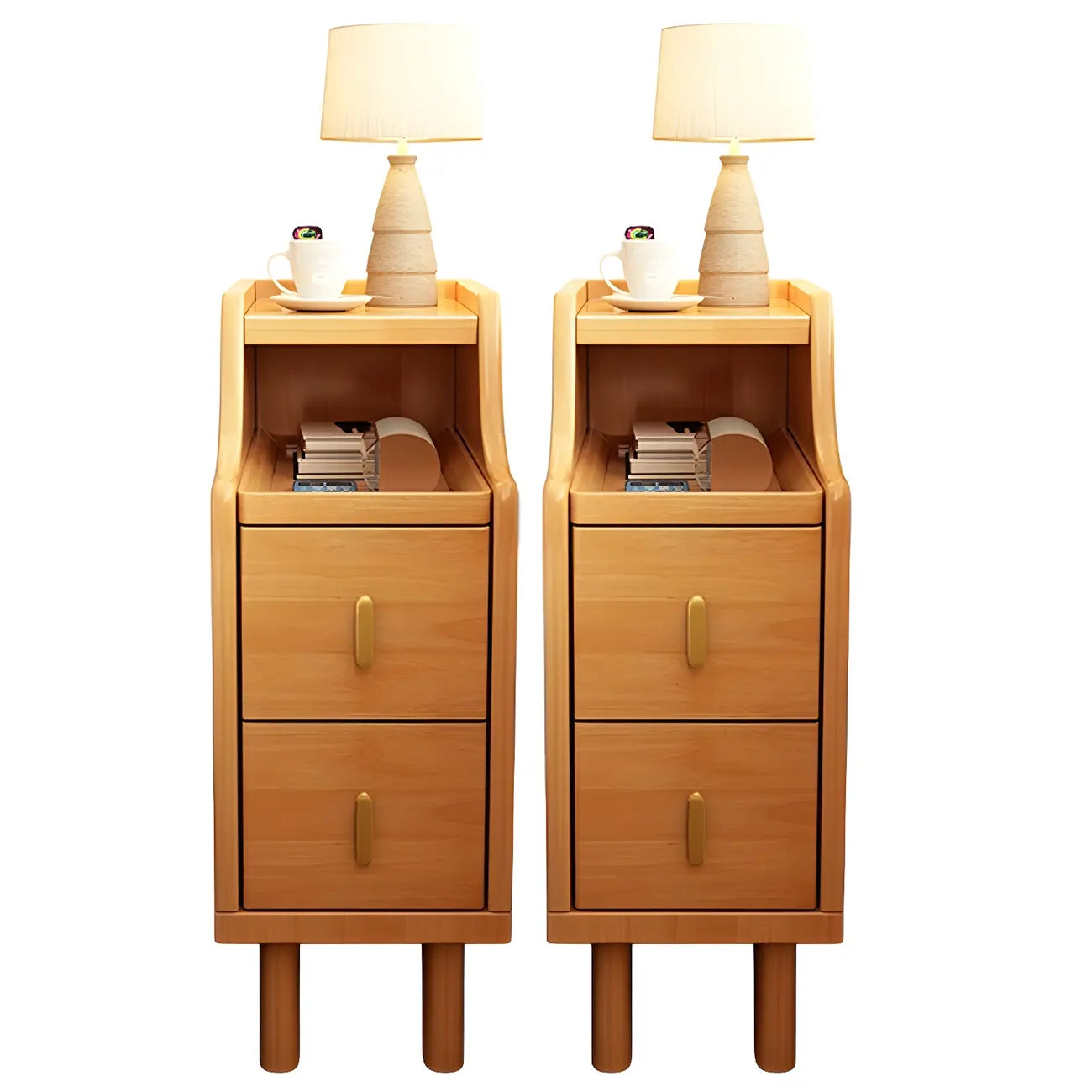 Narrow Small Walnut Wood Nightstand with Shelves