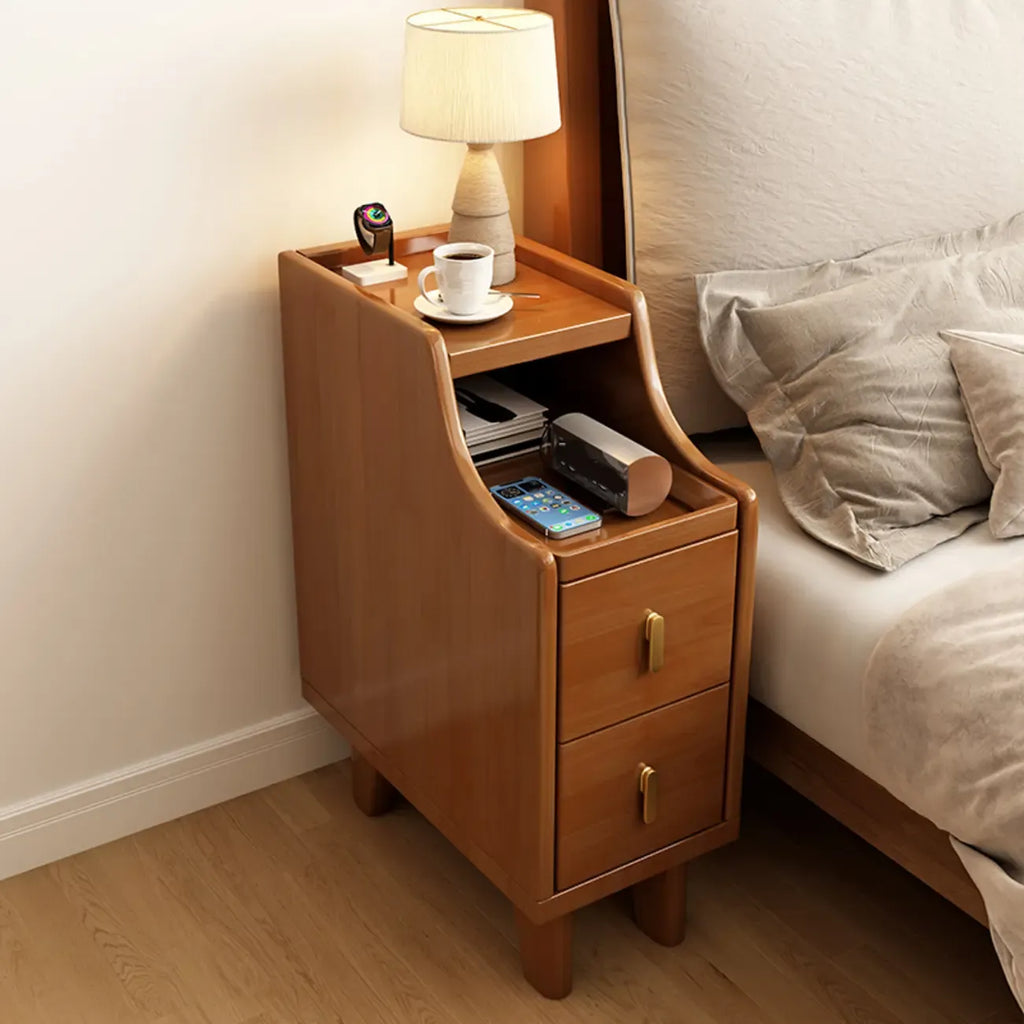 Narrow Small Walnut Wood Nightstand with Shelves