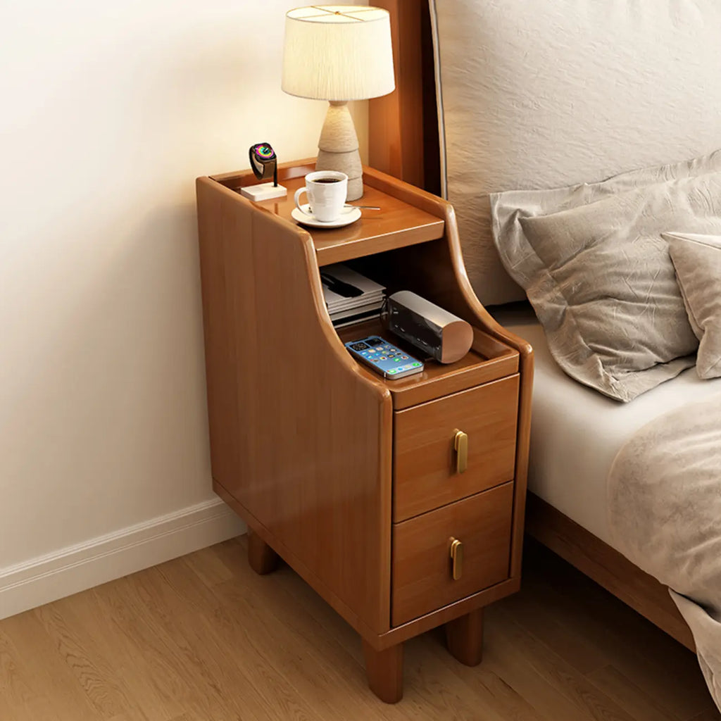 Narrow Small Walnut Wood Nightstand with Shelves