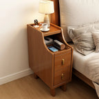 Narrow Small Walnut Wood Nightstand with Shelves