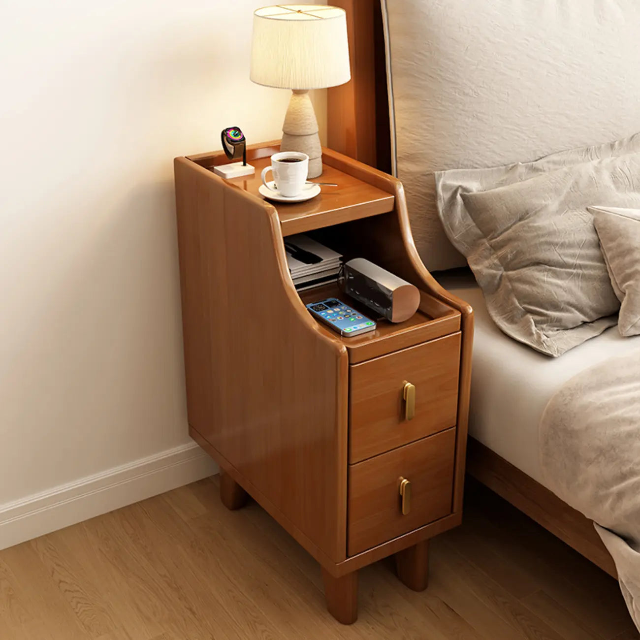 Narrow Small Walnut Wood Nightstand with Shelves