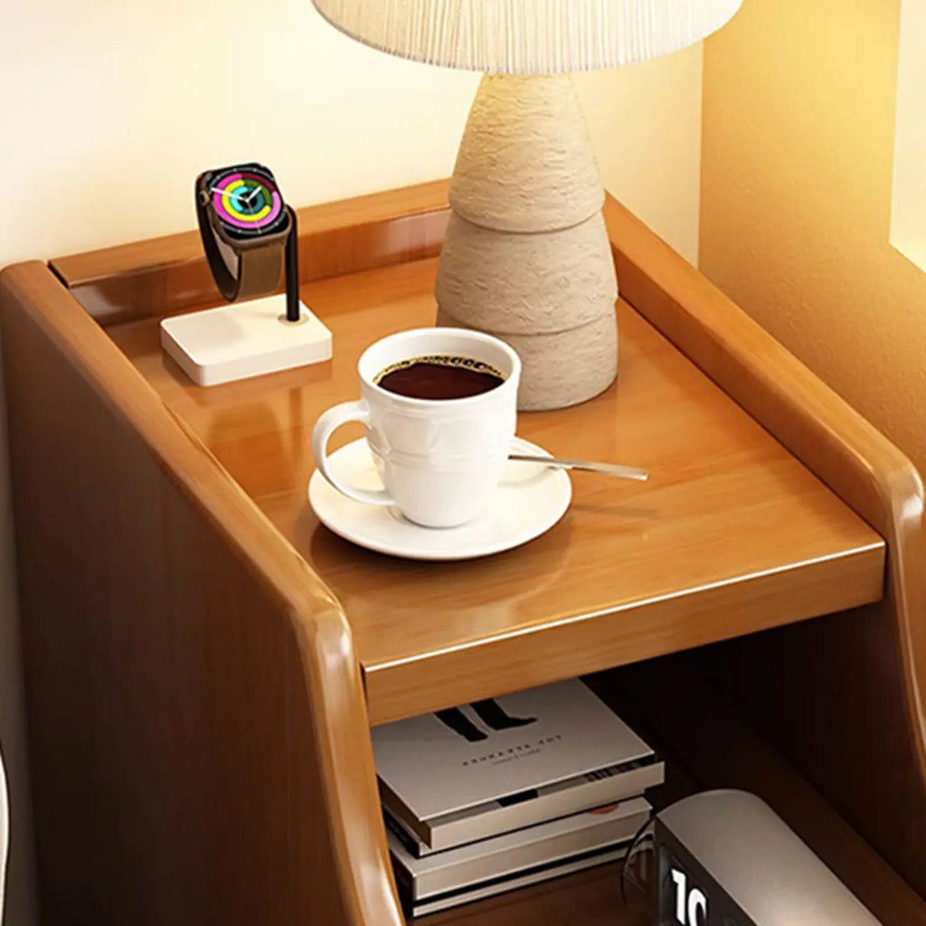 Narrow Small Walnut Wood Nightstand with Shelves