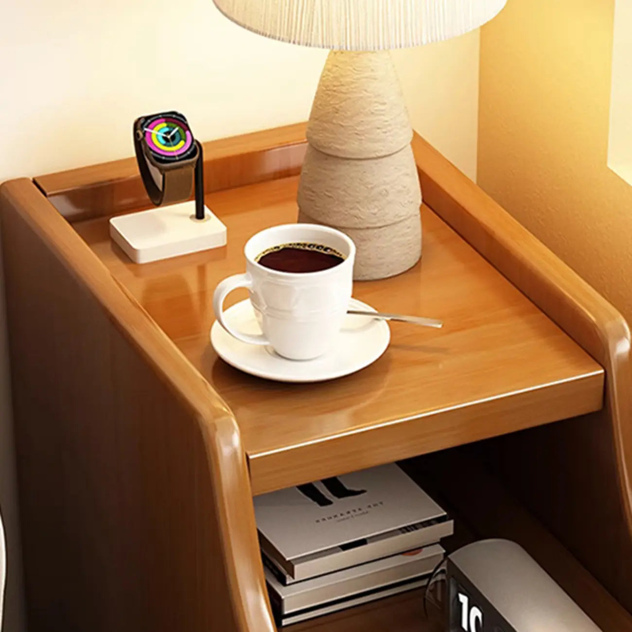 Narrow Small Walnut Wood Nightstand with Shelves