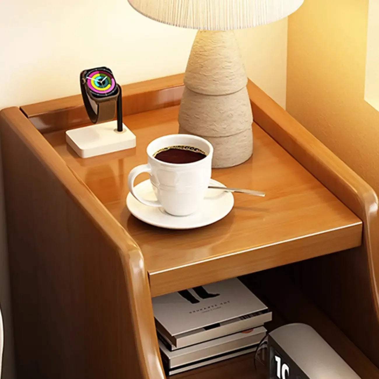 Narrow Small Walnut Wood Nightstand with Shelves
