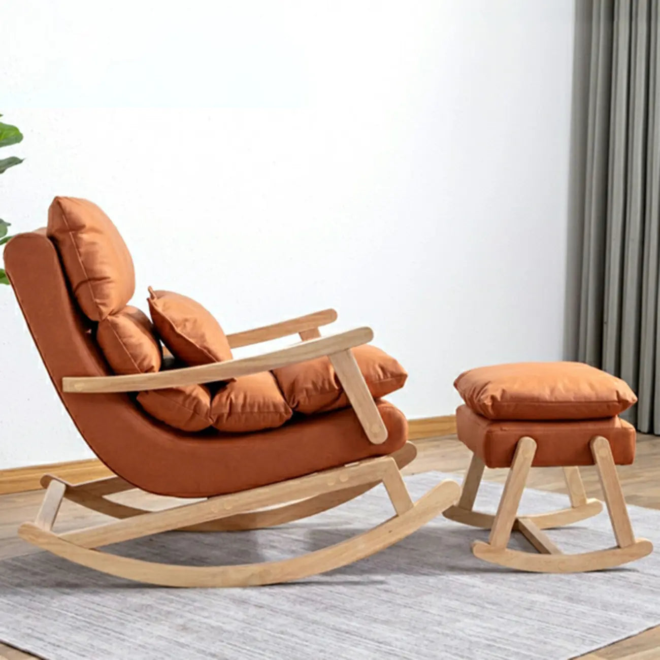 Upholstered Wooden Rocking Chair with Ottoman for Indoor