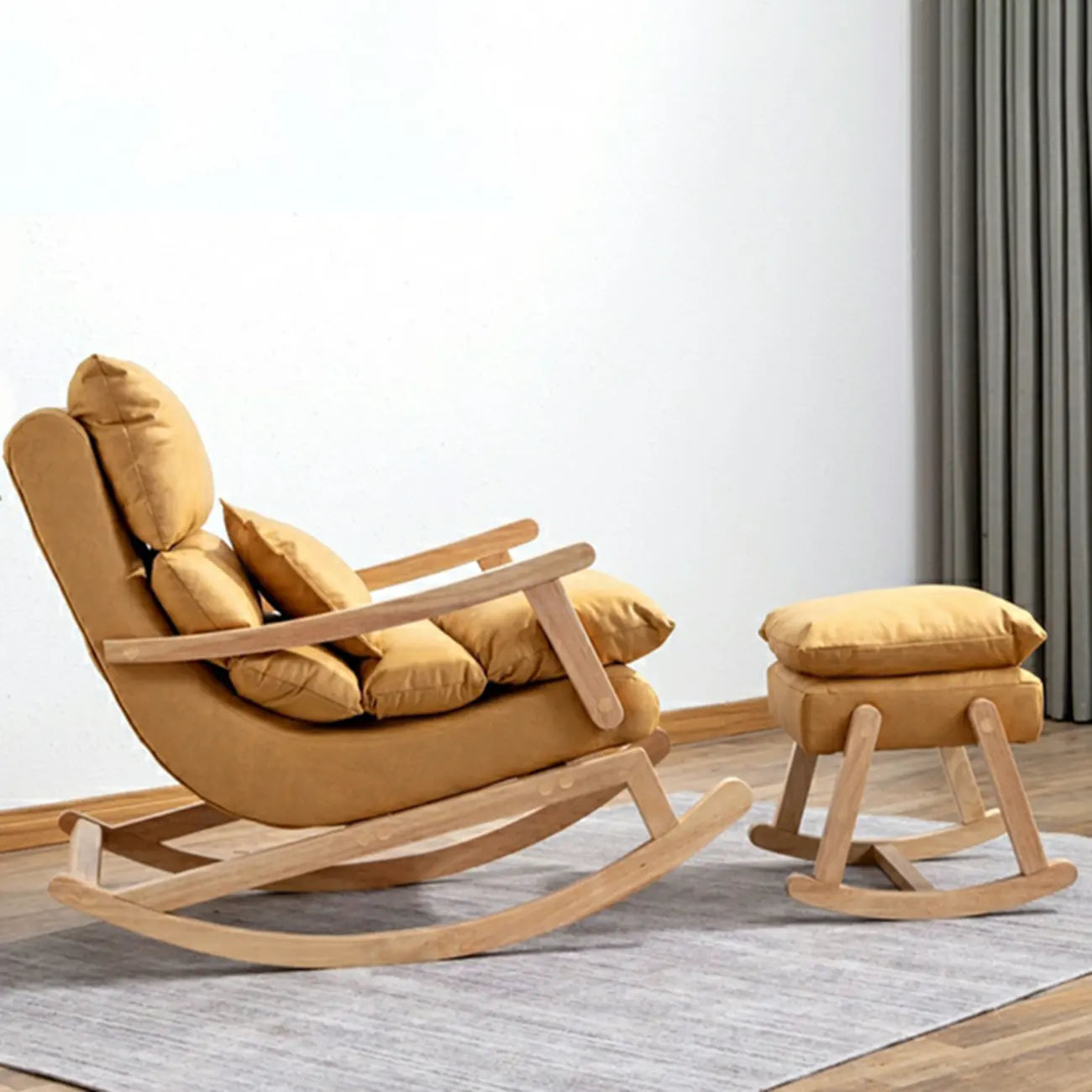 Upholstered Wooden Rocking Chair with Ottoman for Indoor