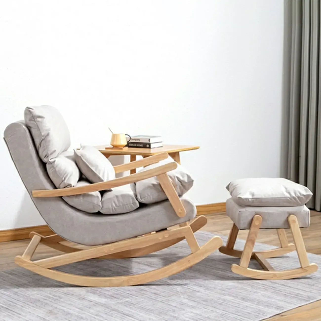 Upholstered Wooden Rocking Chair with Ottoman for Indoor