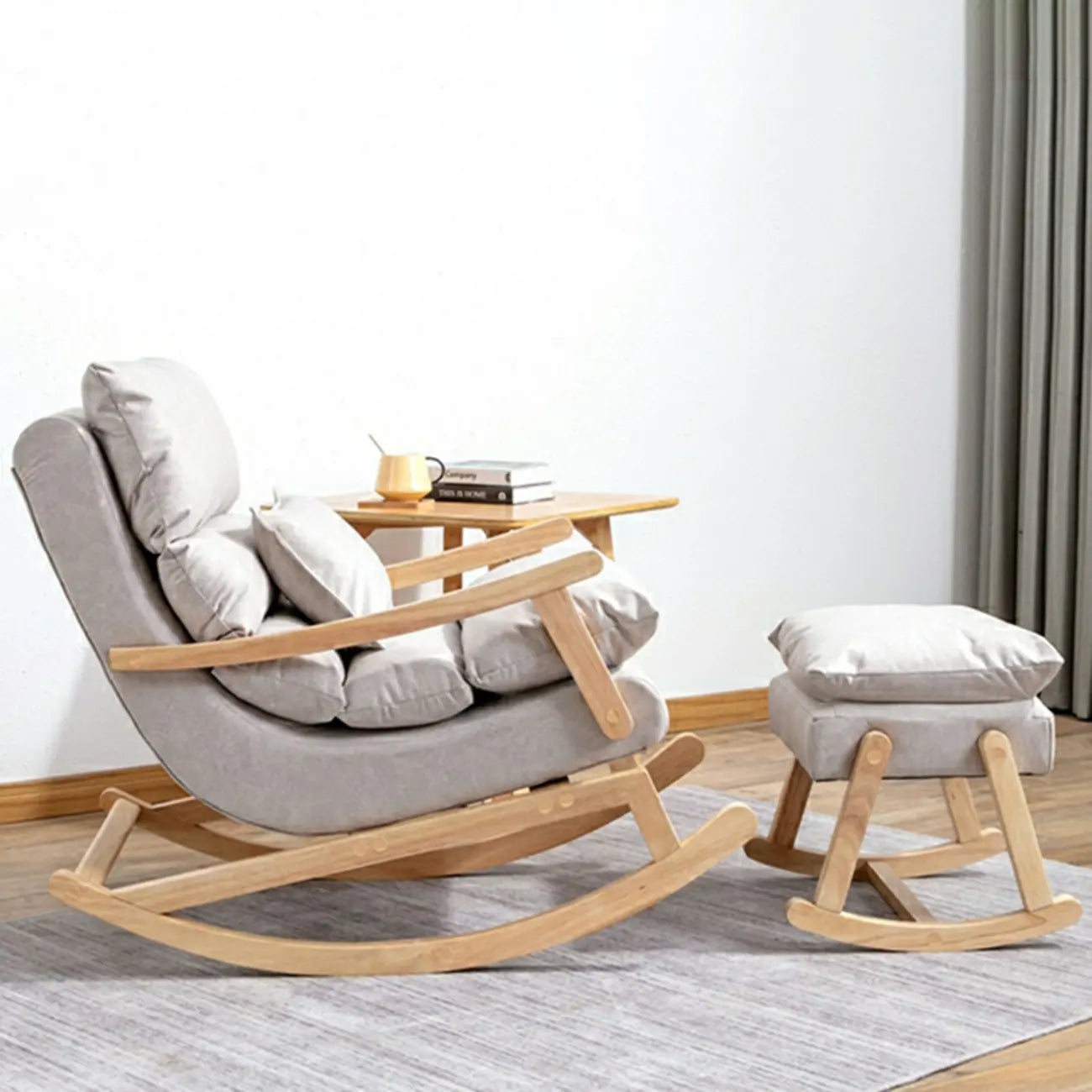 Upholstered Wooden Rocking Chair with Ottoman for Indoor