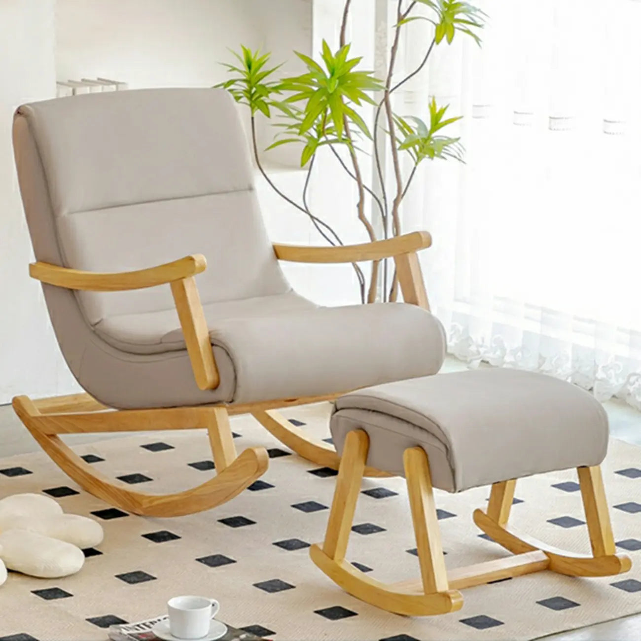 Upholstered Wooden Rocking Chair with Ottoman for Indoor