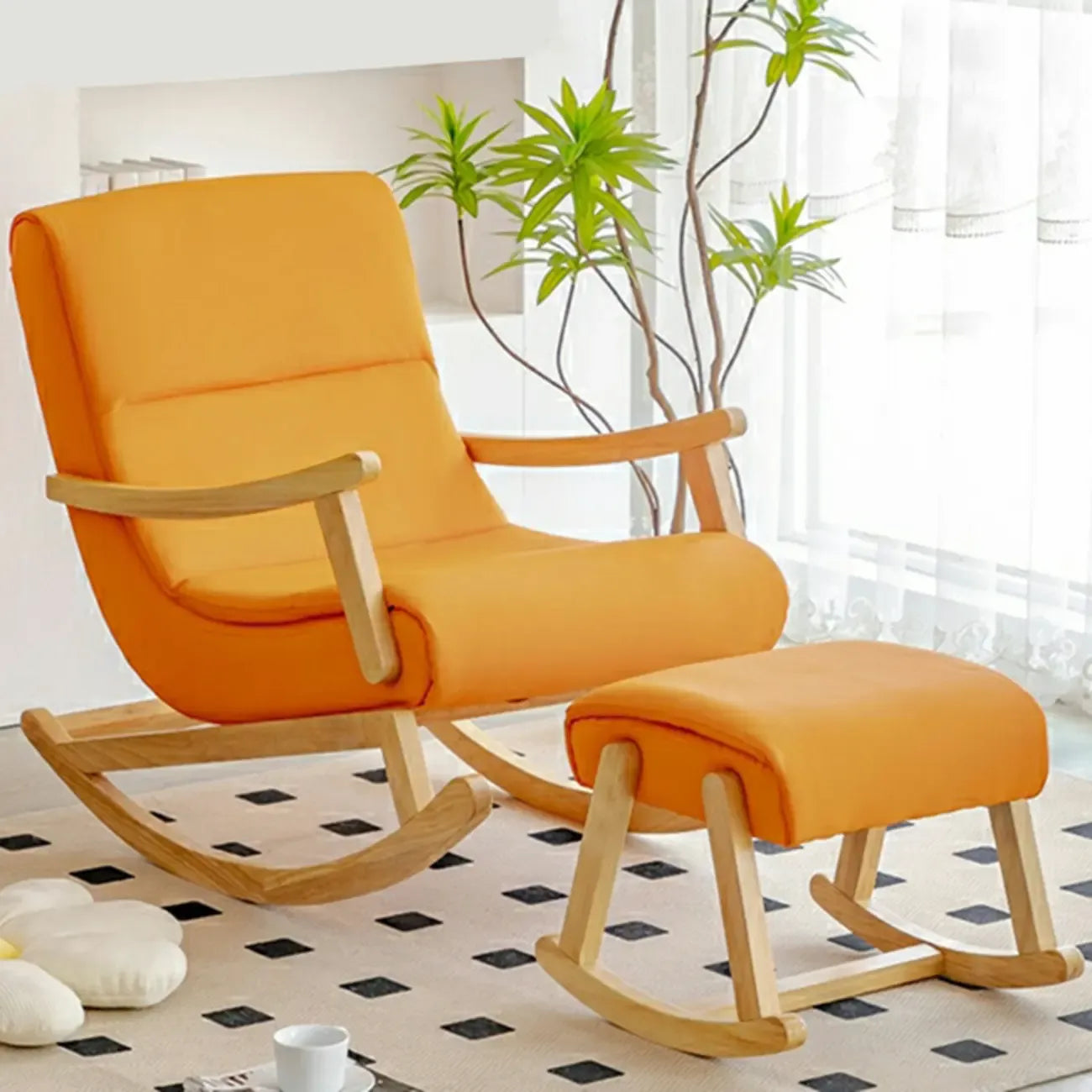 Upholstered Wooden Rocking Chair with Ottoman for Indoor