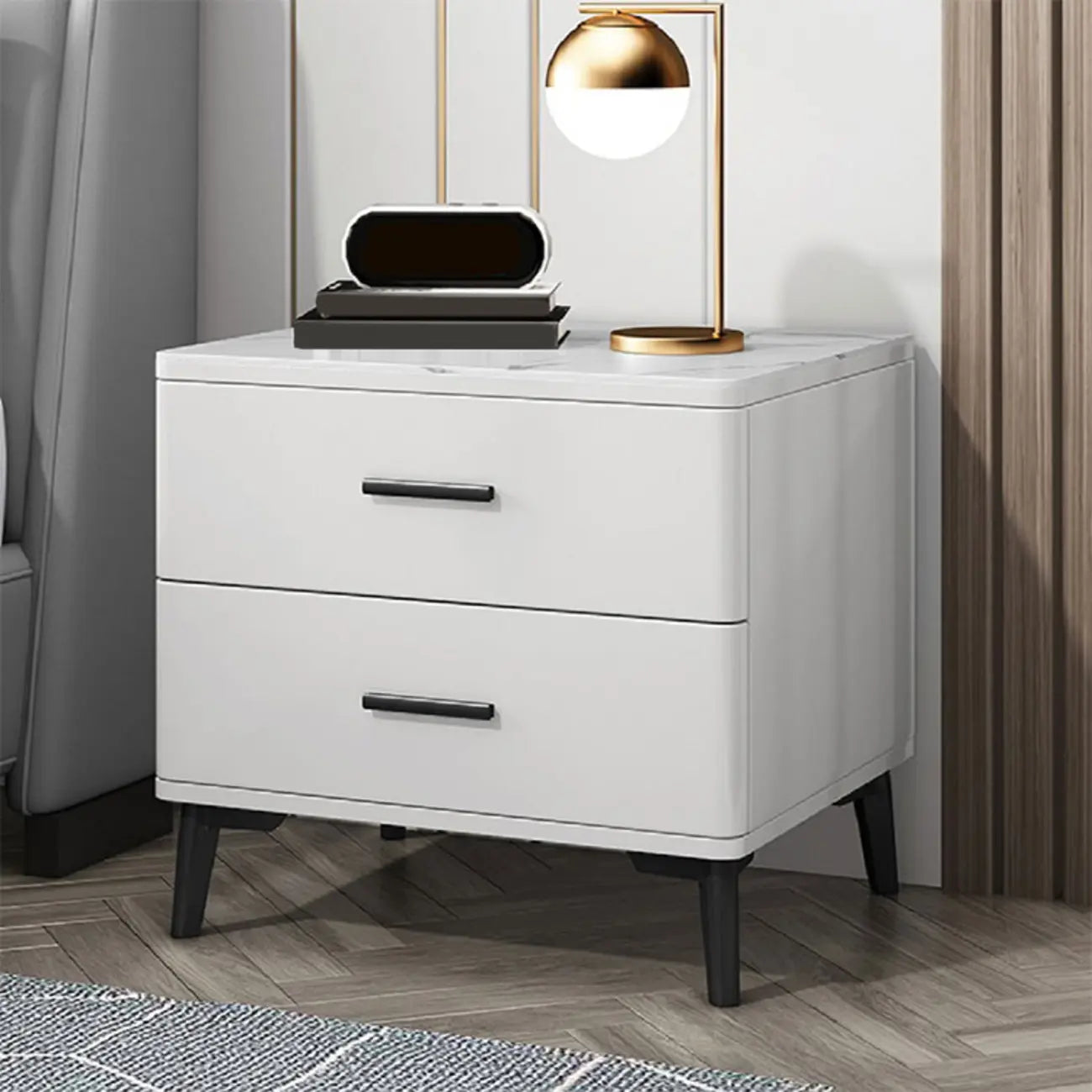 Modern White Stone Top Oak 2-Drawer Nightstand