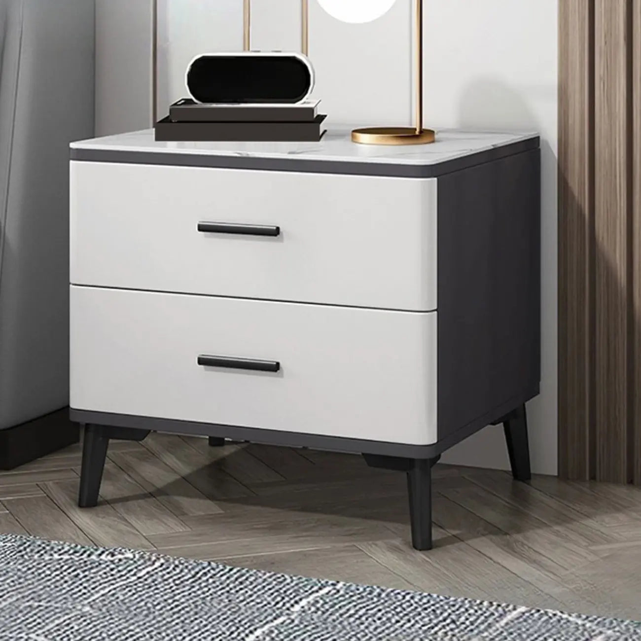 Modern White Stone Top Oak 2-Drawer Nightstand