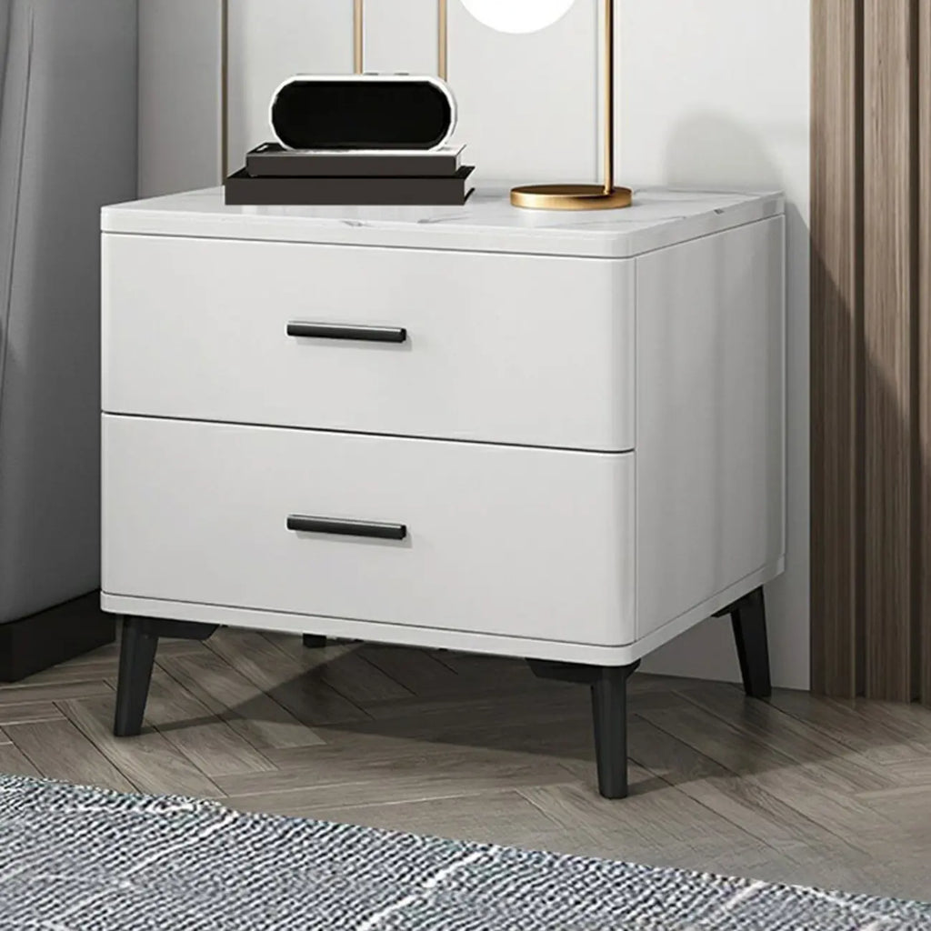 Modern White Stone Top Oak 2-Drawer Nightstand